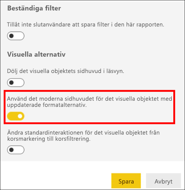 Skärmbild som visar Aktivera modernt visuellt sidhuvud valt.