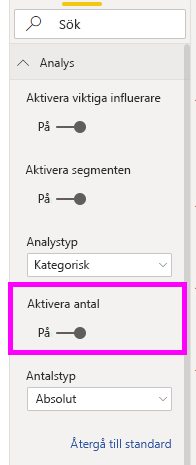 Skärmbild av skjutreglaget enable counts (aktivera antal) i fönstret Format.