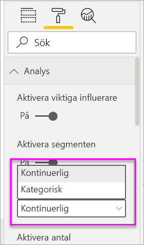 Skärmbild av den nedrullningsbara menyn för att ändra från kategorisk till kontinuerlig.