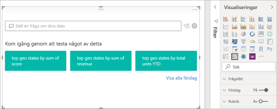 Skärmbild av det storleksanpassade visuella Q&A-objektet på rapportarbetsytan i Power BI.