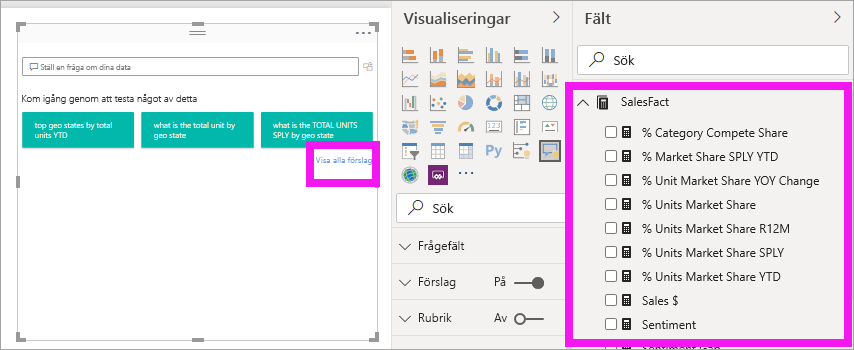 Skärmbild som visar rapportarbetsytan med alla förslag synliga och några av fälten i fönstret Data expanderade.