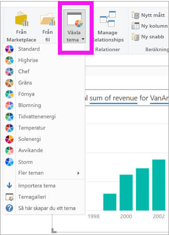 Skärmbild som visar hur du väljer den nedrullningsbara menyn Teman i Power BI Desktop.