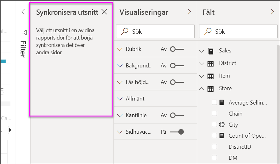 Skärmbild av fönstret Synkronisera utsnitt.