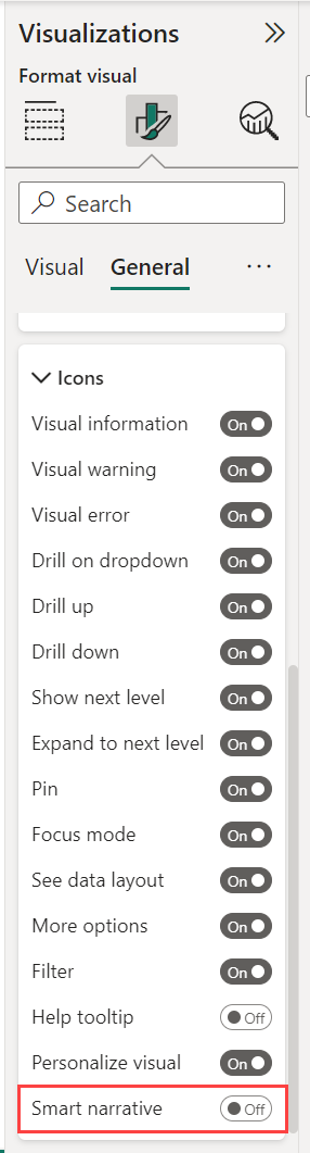 Skärmbild som visar hur du ställer in ikonen Smart narrativ till På.