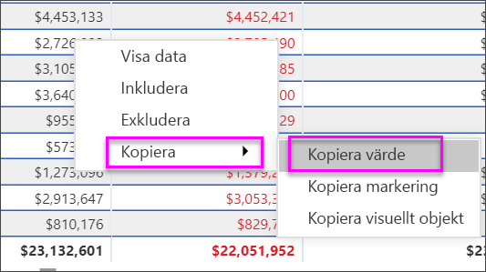 Skärmbild som visar hur du kopierar ett cellvärde som ska användas i andra program.