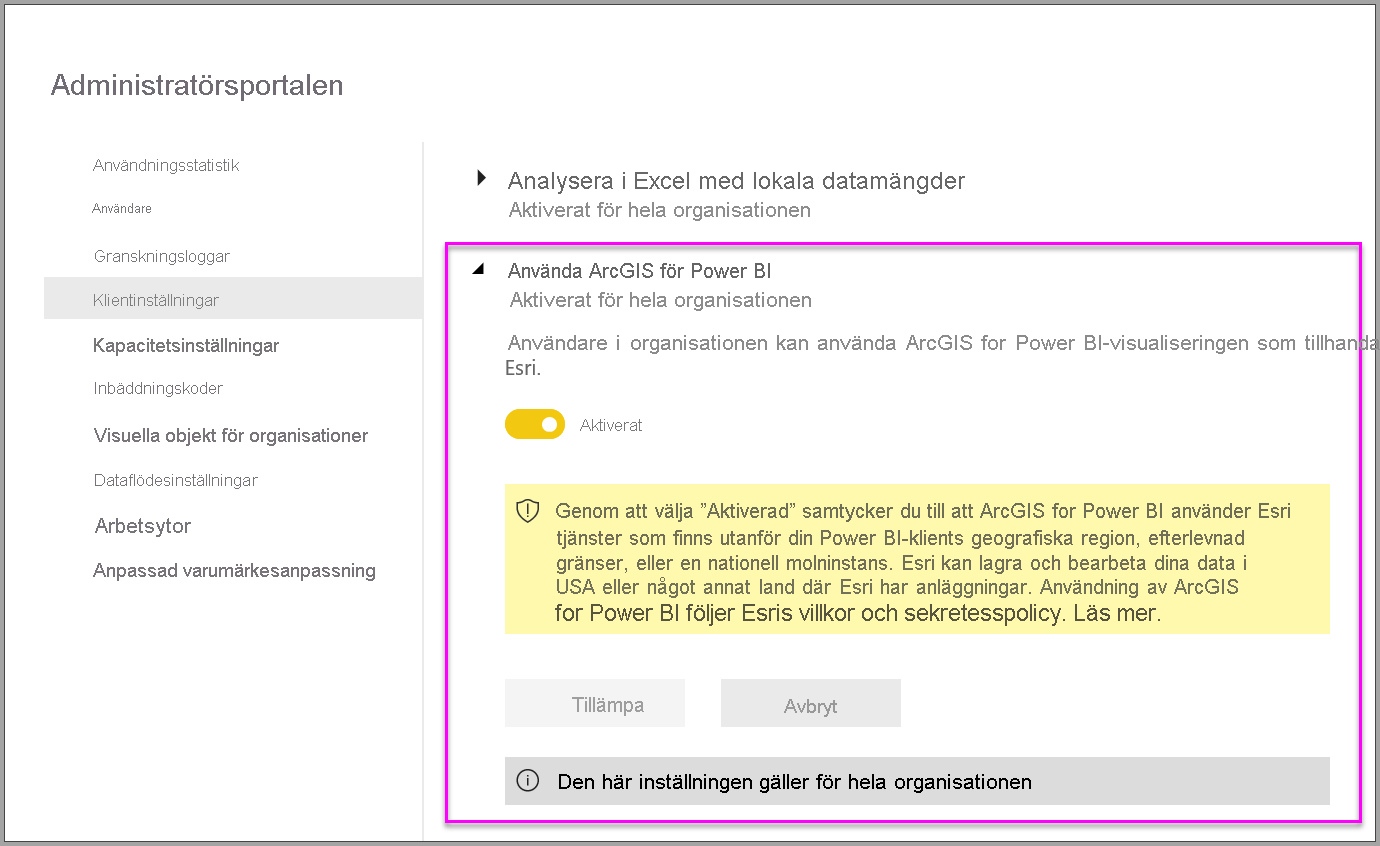 Skärmbild som visar administratörsalternativ i administratörsportalen.