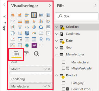 Skärmbild som visar visualiseringsfönstret med fältikonen markerad.