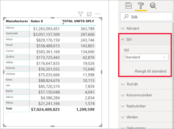 Skärmbild som visar hur du väljer Formateringsförinställningar på fliken Formatering.