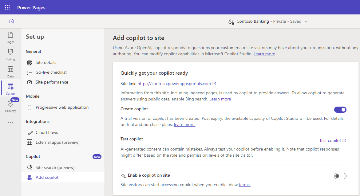 Skärmbild av sidan Lägg till copilot på webbplats i Power Pages.