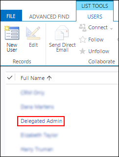 Delegerad administratör visas i användarlistan.