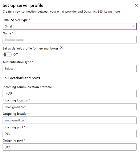 Skärmdump som visar skapa en ny serverprofil för Gmail.