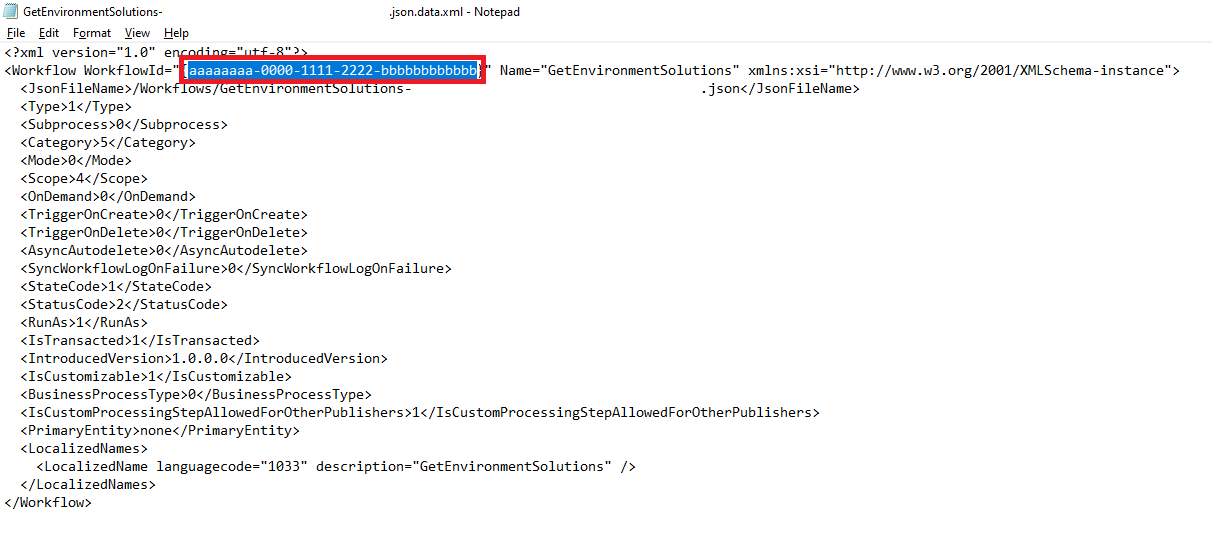 Skärmbild av ett uppackat lösningsarbetsflödes-XML som visar WorkflowId.