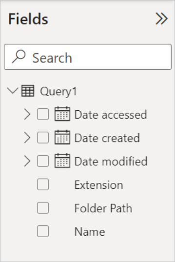 Skärmbild av panelen Fält som visar Query1, som innehåller datumåtkomst, Datum som skapats, Datum ändrat, Tillägg, Mappsökväg och Namnfält.