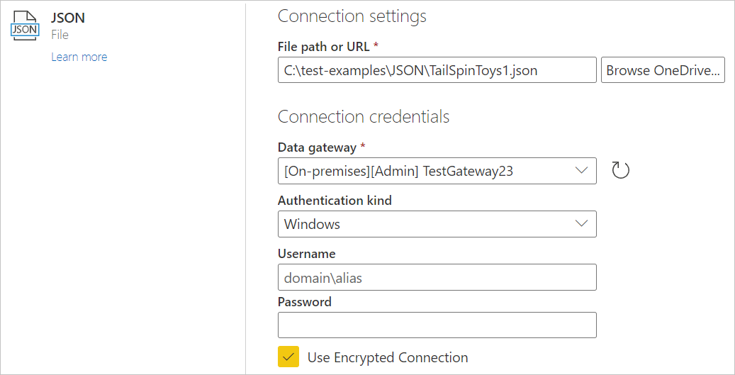 Bild av dialogrutan för JSON-anslutningsinställning från onlinetjänsten, med en filsökväg, datagateway och Windows-autentiseringstyp som visas.