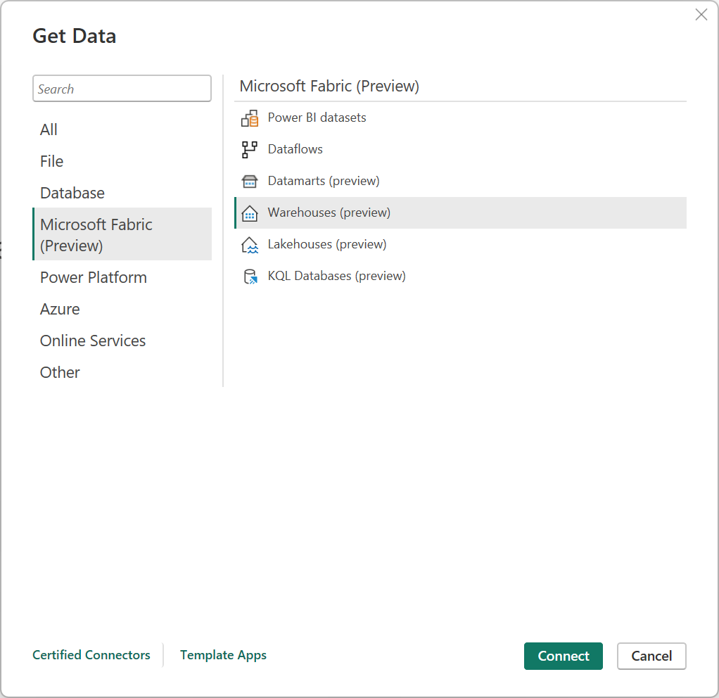 Screenshot of the Get data dialog with the Warehouse connector emphasized.