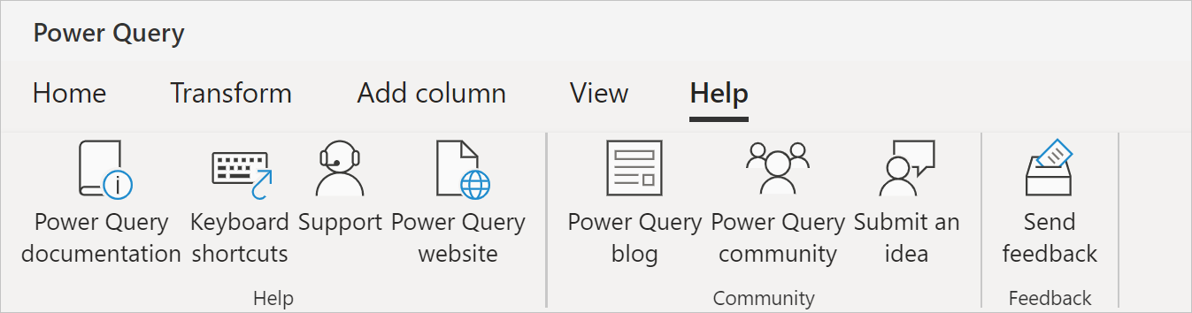 Skärmbild av hjälpfliken med Power Query-dokumentationen med alla hjälp-, community- och feedbackalternativ som visas.