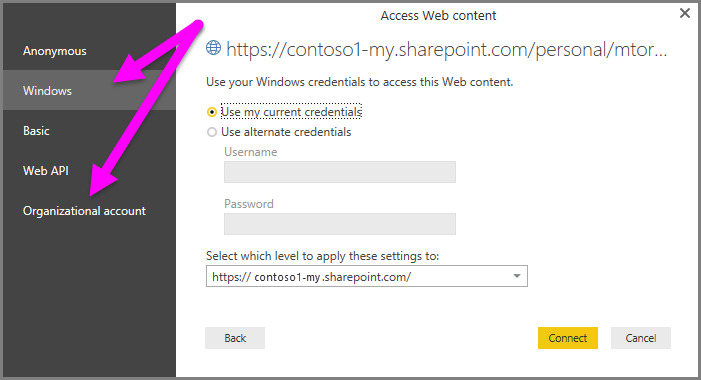 Skärmbild av uppmaningen om autentiseringsuppgifter i Power BI Desktop med fokus på val av Windows- eller organisationskonto.