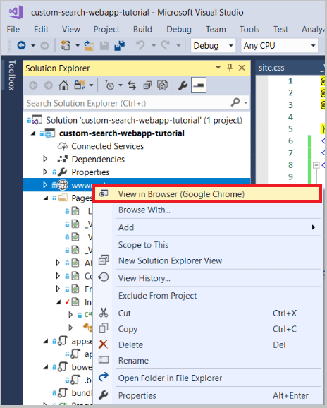 Skärmbild av när Solution Explorer väljer Visa i webbläsare på snabbmenyn wwwroot