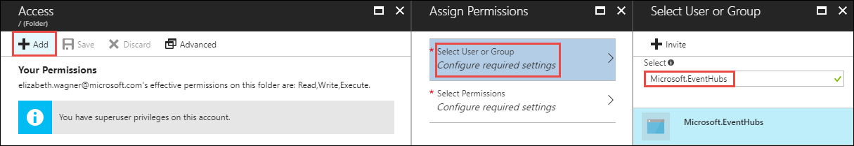Skärmbild av sidan Åtkomst med alternativet Lägg till, alternativet Välj användare eller grupp och Microsoft Eventhubs framhävt.