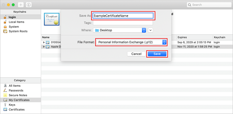 Exportera certifikat som p12-format