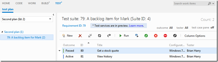 Test hub in Visual Studio with Git.