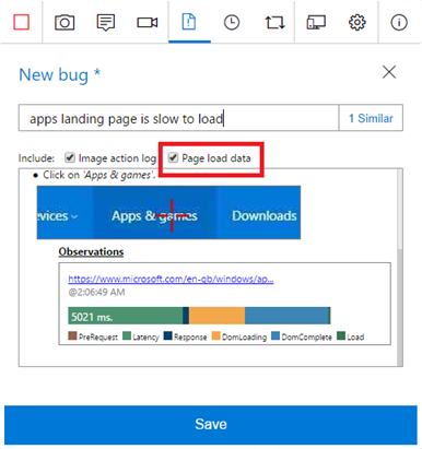 Creating a new bug with captured page load data