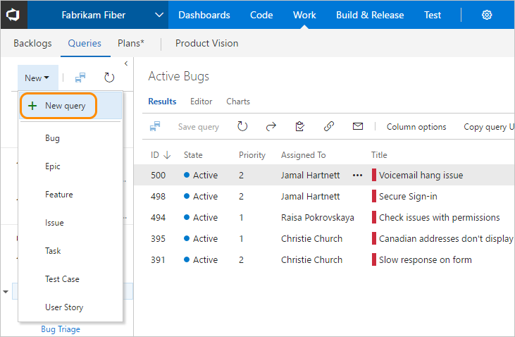 Queries page, Choose New query from the drop down menu