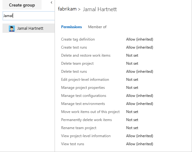 Project level permissions for a user, TFS