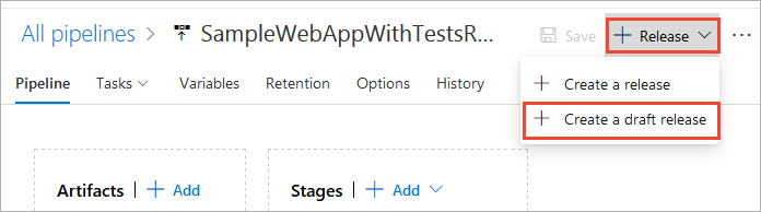 Create a draft release in the pipeline definition page