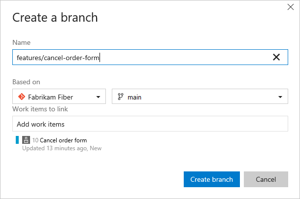 Create a branch dialog box