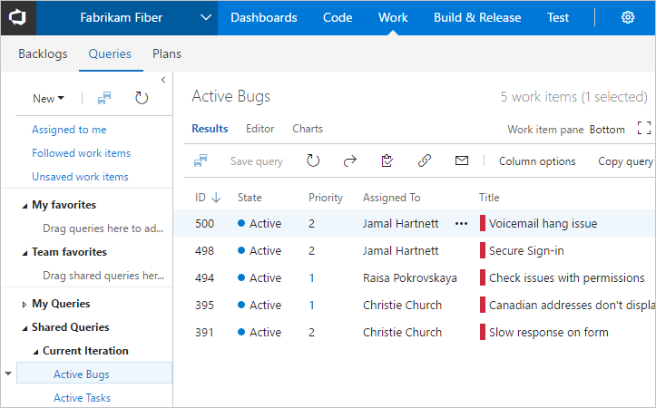 Screenshot of Queries page, TFS 2018 and earlier versions.