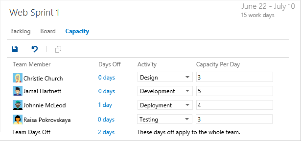 Screenshot of Allocate capacity for team Web.