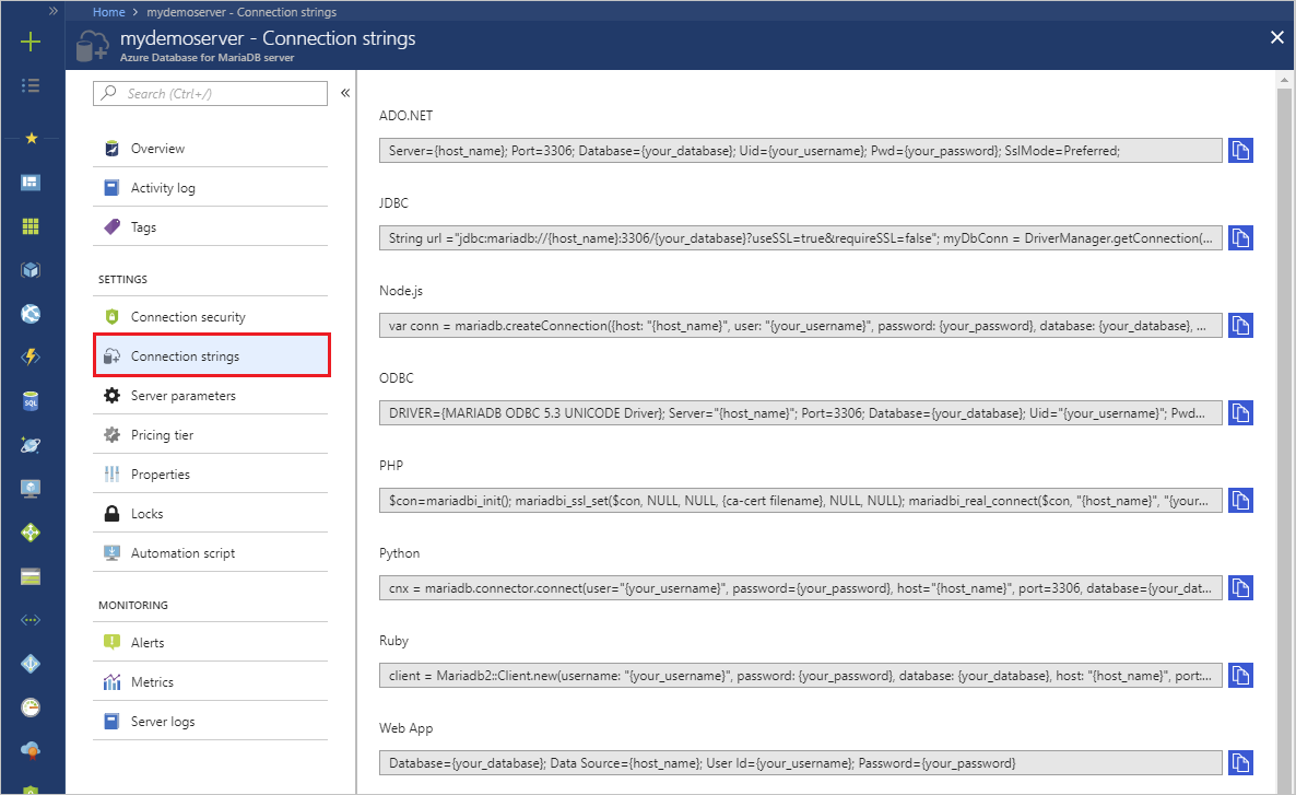 The Connection strings pane in the Azure portal