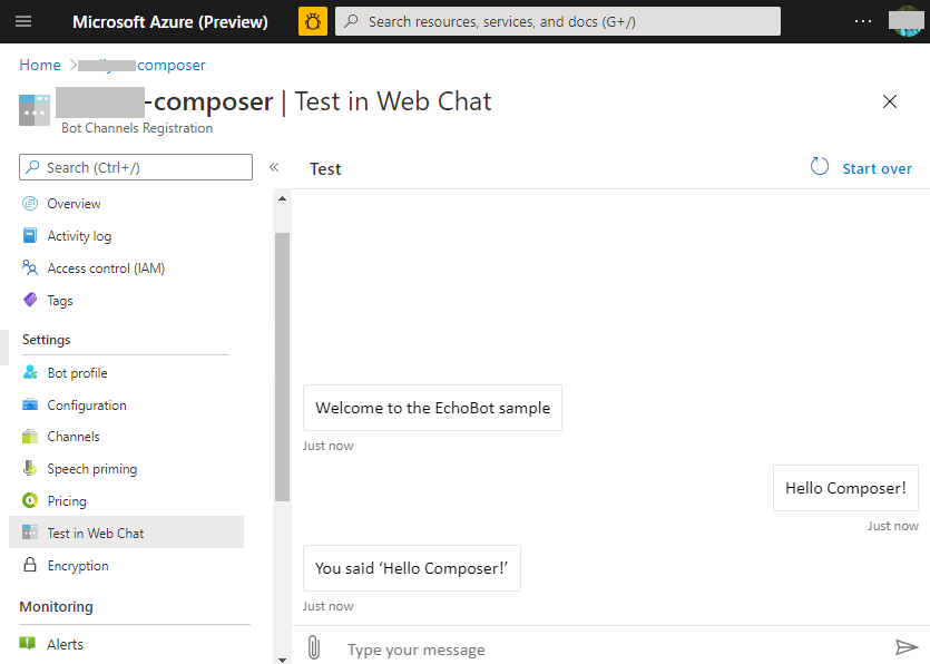 Screenshot of testing a bot via Web Chat in Azure.