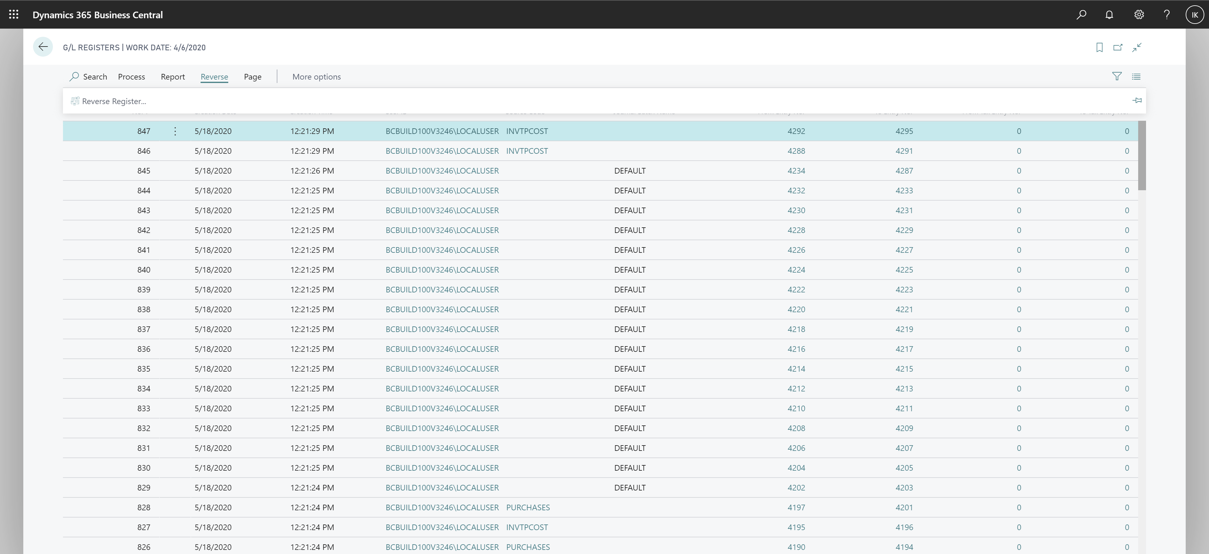 A view of disabled Reverse Register action on G/L Registers page