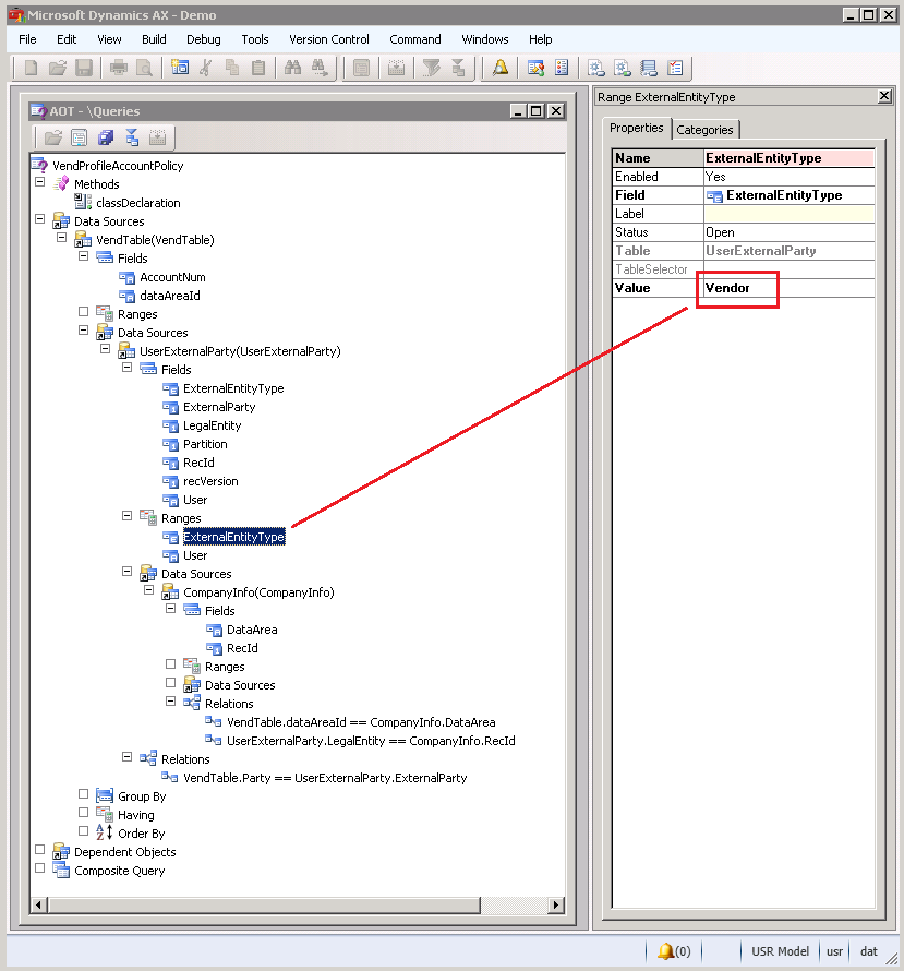 The VendProfileAccountPolicy query in the AOT.