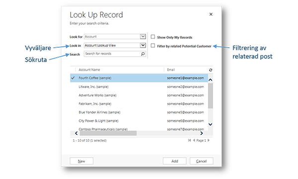 Element i uppslagsdialogrutan i Dynamics CRM