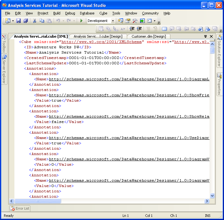 XML code for the Analysis Services Tutorial cube