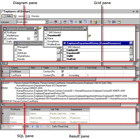 Graphical query designer for sql query