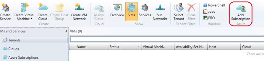 VMM ribbon, Azure "Add Subscription" button