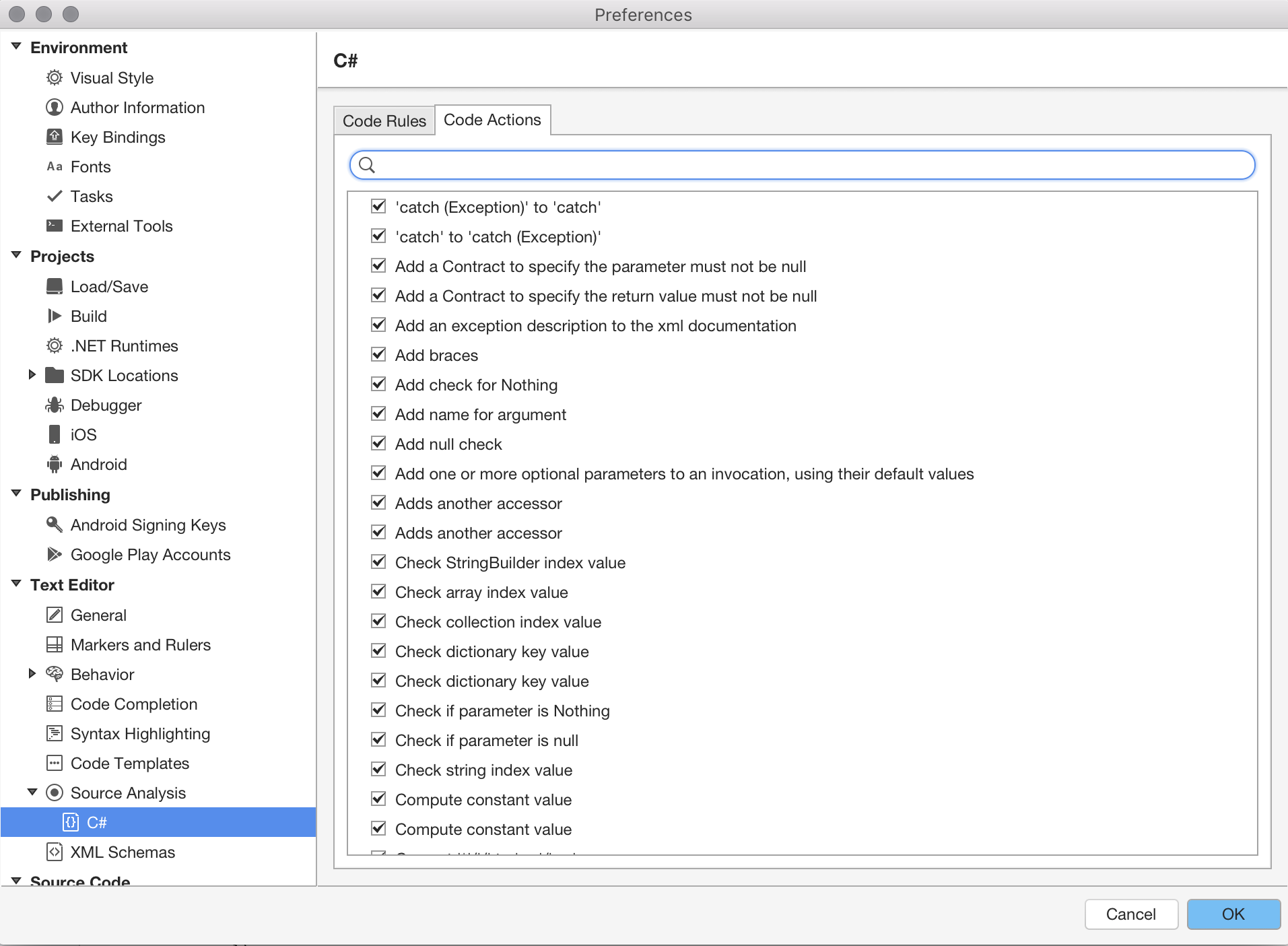 C# Source Analysis actions