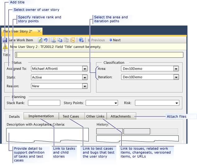 Work Item Form for a User Story