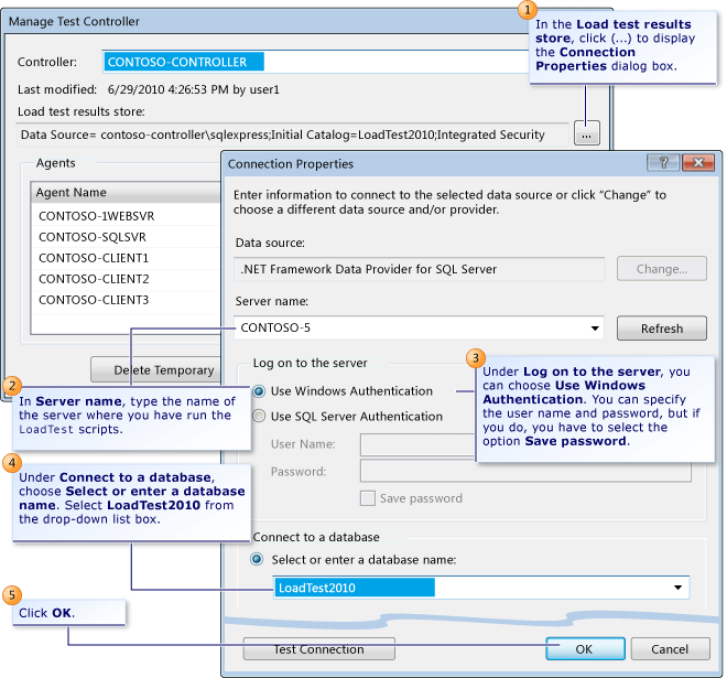 Load test results store connection properties