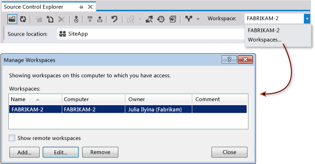 Manage Workspaces dialog box