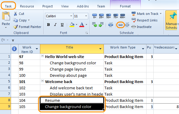 Create predecessor-successor links in Project