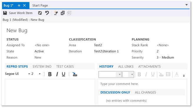 Work Item Form for Bug