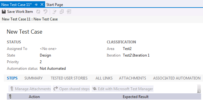 Work Item Form for Test Case