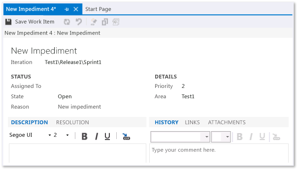 Screenshot showing impediment work item