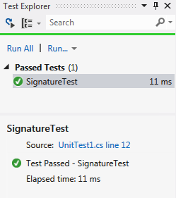 Unit Test Explorer with one passed test