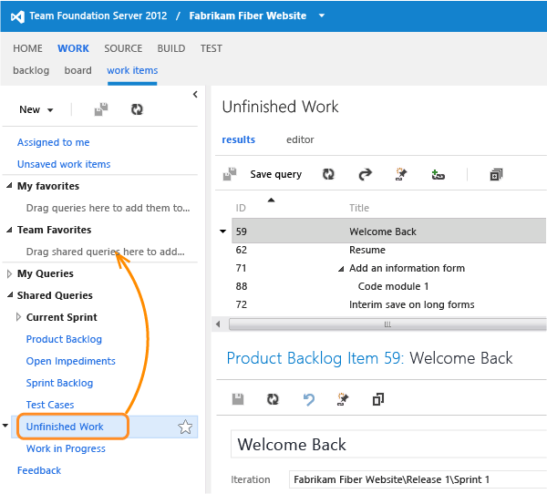 Add a query to team favorites in TFS web access